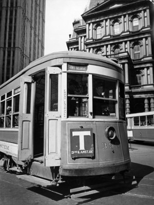 Old Post Office with Trolley at Park Row and Broadway - Classic Black & White Print