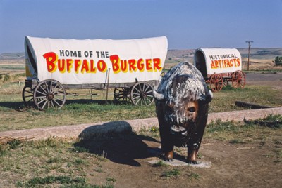 Al's Oasis Buffalo and Covered Wagon Statues on B-90 in Oacoma, South Dakota - Classic Black & White Print On A Wall