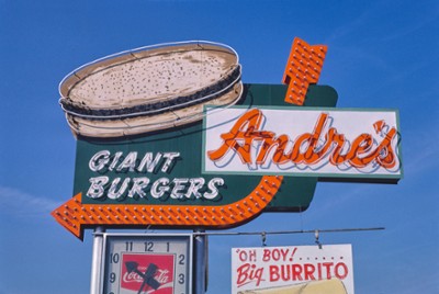 Andre's Giant Burgers Sign in Bakersfield, California - Classic Black & White Print On A Wall