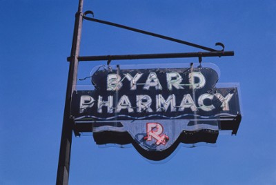 Byard Pharmacy Sign on Main Street in Clarksburg, West Virginia - Classic Black & White Print