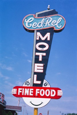 Ced-Rel Motel Sign on Route 30 near Atkins in Cedar Rapids, Iowa - Classic Black & White Print In The Living Room