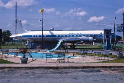 DC-7 Steak House with Airplane Next to Swimming Pool in Byron, Georgia - Classic Black & White Print On A Wall