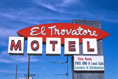 El Travatore Motel Sign on Route 66 in Kingman, Arizona - Classic Black & White Print In The Living Room