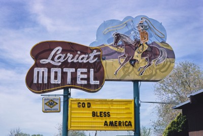 Lariat Motel Sign on Route 50 in Fallon, Nevada - Classic Black & White Print In The Living Room