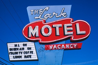 Lark Motel Sign, Horizontal View on Route 101 in Willits, California - Classic Black & White Print In The Living Room