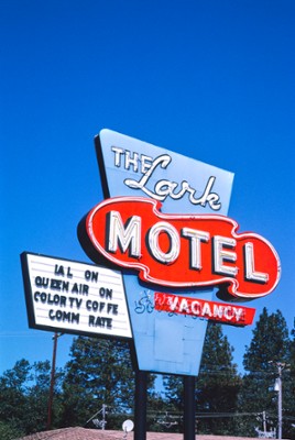 Lark Motel Sign, Vertical View on Route 101 in Willits, California - Classic Black & White Print