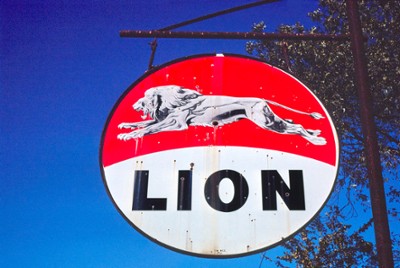 Lion Gasoline Sign, Close Up View on Route 70 in Hicks Station, Arkansas - Classic Black & White Print On A Wall