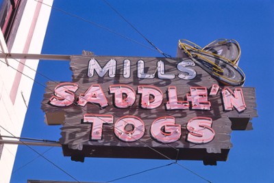 Mills Saddle N' Togs Sign on 4th & Main Street in Ellensburg, Washington - Classic Black & White Print