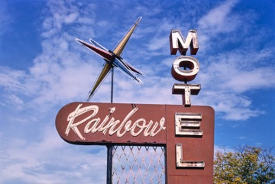 Rainbow Motel Sign in New London, Wisconsin - Classic Black & White Print In The Living Room