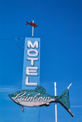 Rainbow Motel Sign on B-90 in Livingston, Montana - Classic Black & White Print In The Living Room