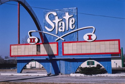 State Drive-In Theater Sign, Wide View Showing Entire Arch in Route 24, State Avenue - Classic Black & White Print