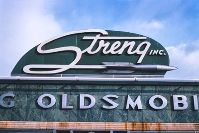 Streng Oldmobile Sign in Buffalo, New York - Classic Black & White Print In The Living Room
