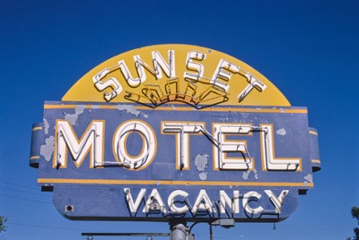 Sunset Motel Sign in Pueblo, Colorado - Classic Black & White Print In The Living Room
