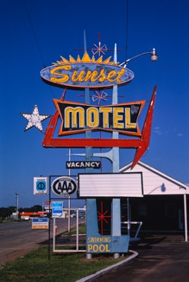 Sunset Motel Sign in Sayre, Oklahoma - Classic Black & White Print On A Wall