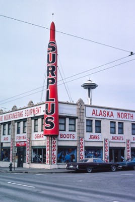 Surplus Store, Vertical on 1st Avenue & Battery Street in Seattle, Washington - Classic Black & White Print On A Wall