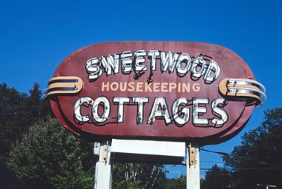 Sweetwood Cottages Sign in Weirs Beach, New Hampshire - Classic Black & White Print