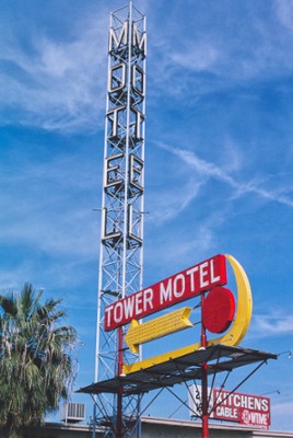 Tower Motel Sign in Bakersfield, California - Classic Black & White Print In The Living Room