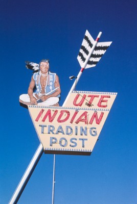 Ute Indian Trading Post Signs, Top of the Arrow on Route 40 in Vernal, Utah - Classic Black & White Print
