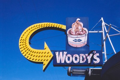 Woody's Ice Cream Sign on B-90 [i.e. Route I-90] in Moses Lake, Washington - Classic Black & White Print