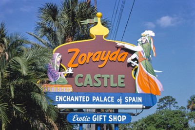 Zorayda Castle Sign, Horseless Carriage Museum Billboard in St. Augustine, Florida - Classic Black & White Print In The Living Room